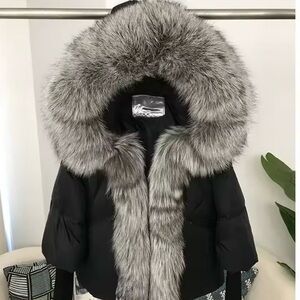 BLACK PUFFER COAT WITH OVERSIZED SILVER FOX CUSTOMIZABLE FUR TRIM